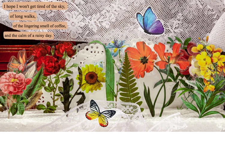 Sumflying Plant Clear Transparent Stickers - Fern, Butterfly, Flower, Leaves 1Plant PET Sticker Fern Butterfly Flower Leaves