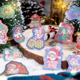 Christmas Girl Coated Paper Sticker - People, Tree, Snowman, Ribbon, Reindeer, Santa Claus, Candy