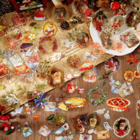 Christmas Gold Foil Clear Transparent Sticker Pack - Birds, Letters, Santa Claus, Plants, Food