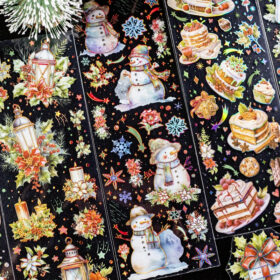 Christmas Holographic Hot Stamping Gold Clear Transparent Stickers - Wreaths, Food, Lights, Snowmen, Reindeer
