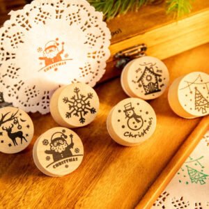 Christmas Round Rubber Stamp Set - Santa Claus, Snowflake, Reindeer, Christmas Tree, Snowman, House