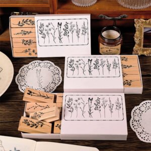 Collection of Flowers and Plants Series Vintage Botanical Wooden Stamp Set