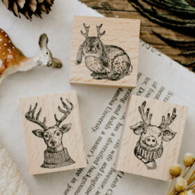Cute Animals with Antler Wooden Rubber Stamp