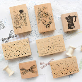 Cute Coffee Bowknot Astronaut Wooden Rubber Stamp