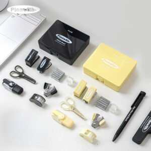 tool box with hole punch stapler scissors and storage 6