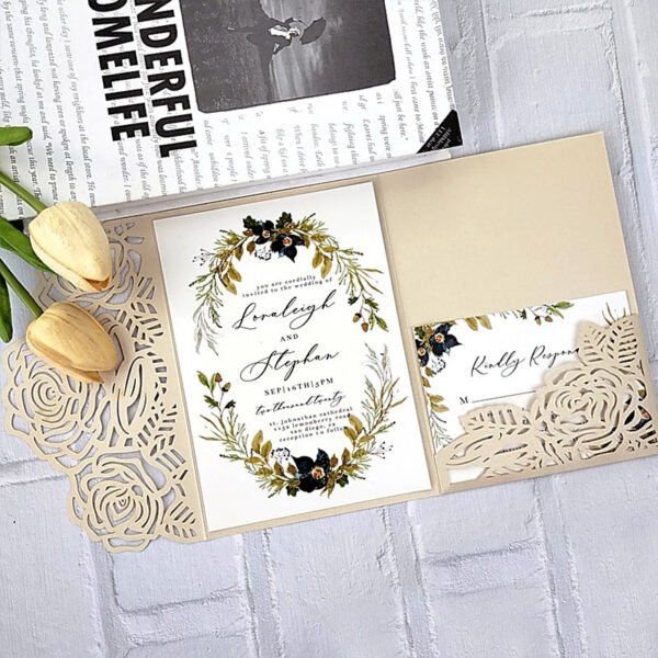 high end tri fold rose flower greeting card invitation b2