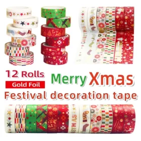 Gold Foil Christmas Washi Tape Set - 12 Rolls