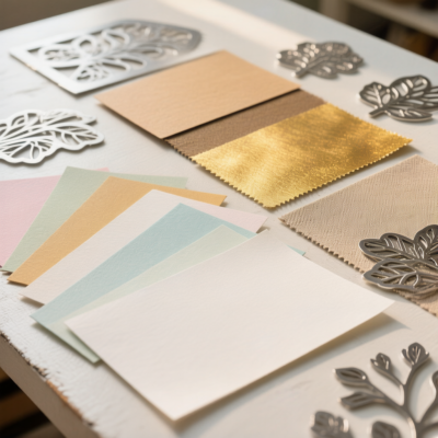 Various cardstock samples and metal cutting dies laid out on a craft table