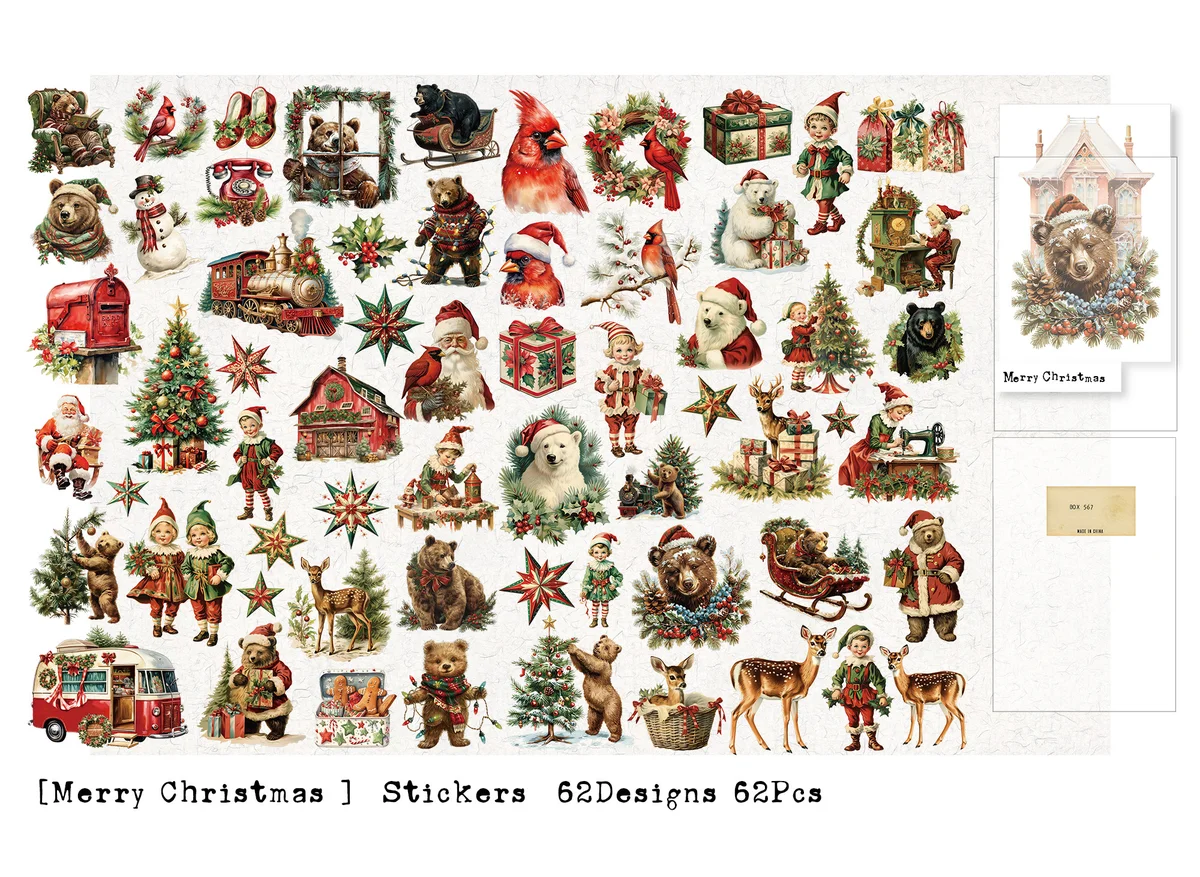 62 Pcs Vintage Christmas Bear Vellum Stickers 62 Pcs Vintage Christmas Bear Vellum Stickers