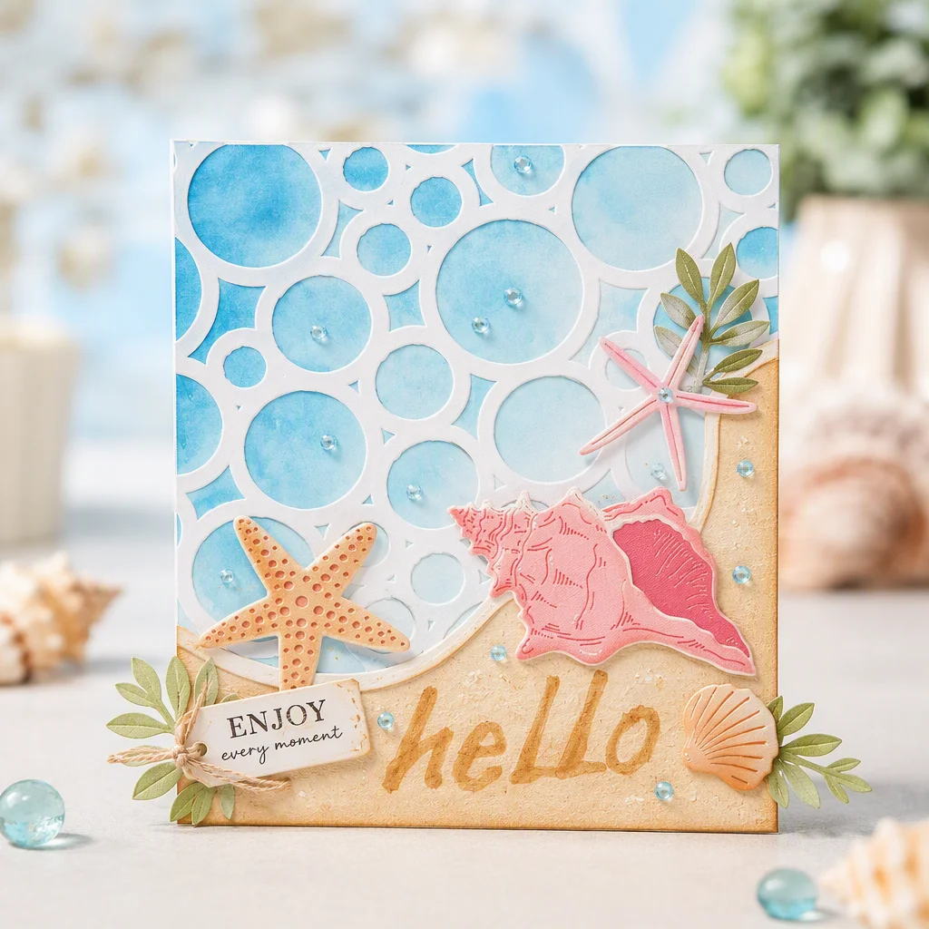 Sumflying Decorative Patterned Background Metal Cutting Dies Beach Seashells Starfish Hello Card Realistic 01