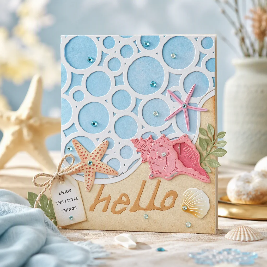 Sumflying Decorative Patterned Background Metal Cutting Dies Beach Seashells Starfish Hello Card Realistic 02
