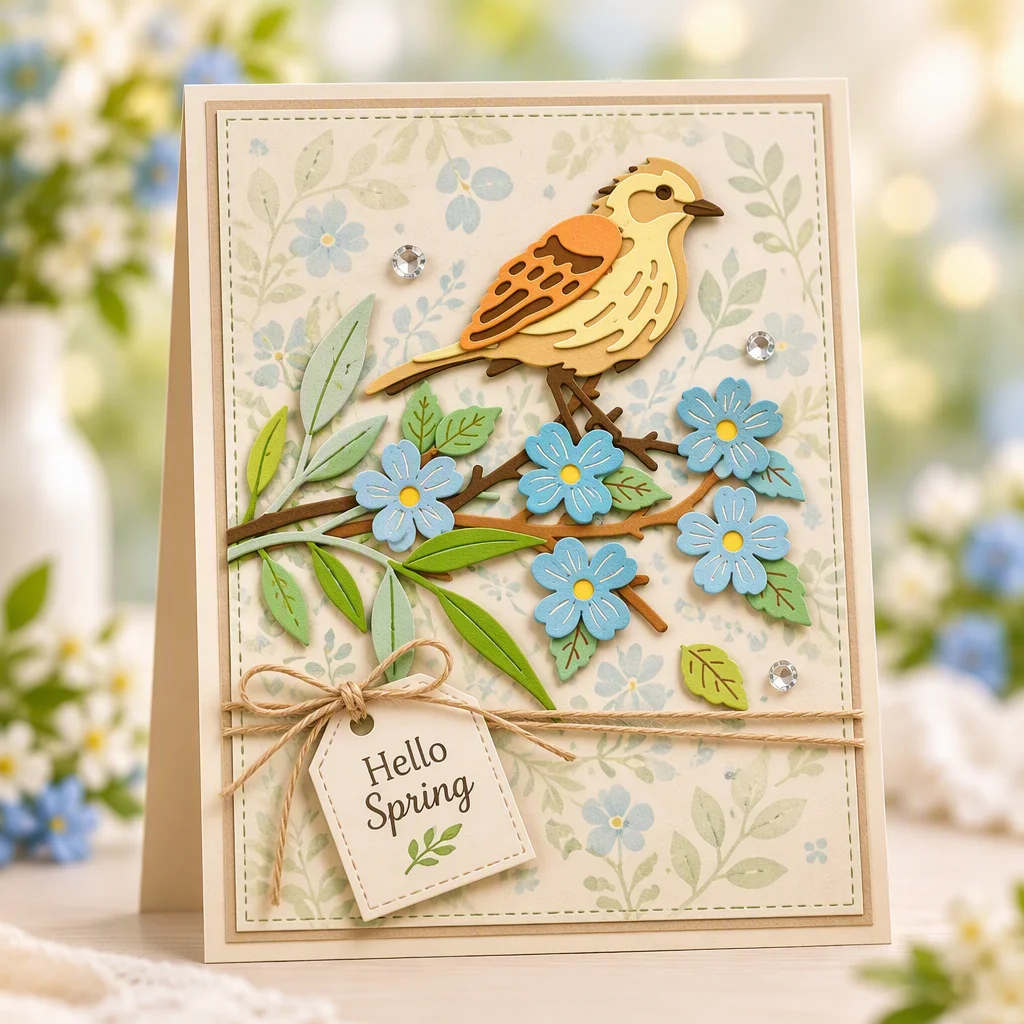 Sumflying Bird on Branch Metal Cutting Dies Bird On Branch Card Realistic 01