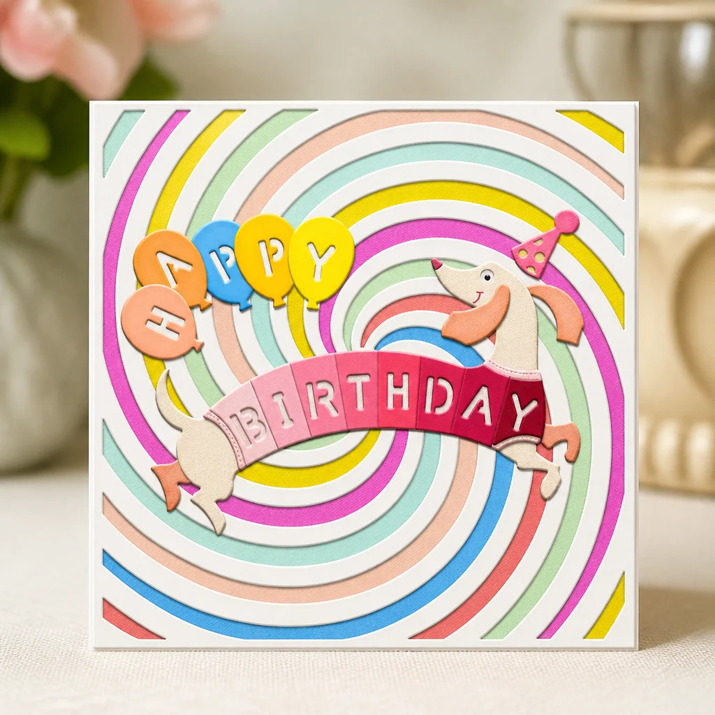 Sumflying Decorative Rotating Background Frame Cutting Dies Birthday Dog Card Realistic 01