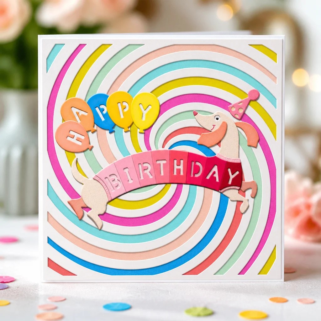 Sumflying Decorative Rotating Background Frame Cutting Dies Birthday Dog Card Realistic 02