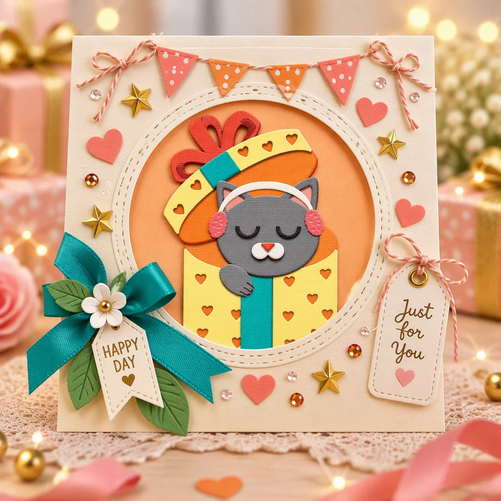Sumflying Christmas Kitten Gift Box Metal Cutting Dies Cat In Gift Box Window Card Realistic 02