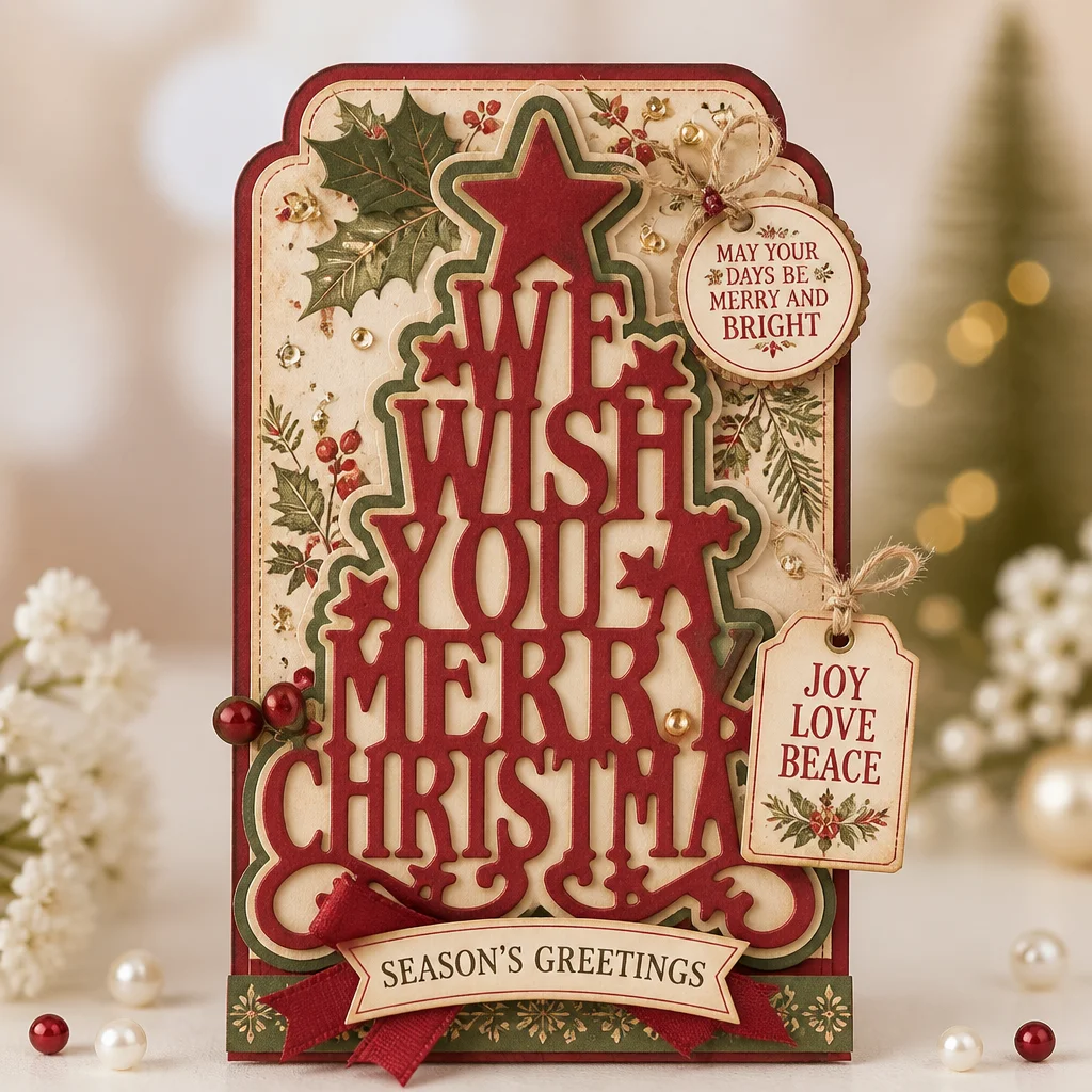 Merry Christmas Tree with Words Metal Cutting Dies Christmas Wish Tree Card Burgundy Forest