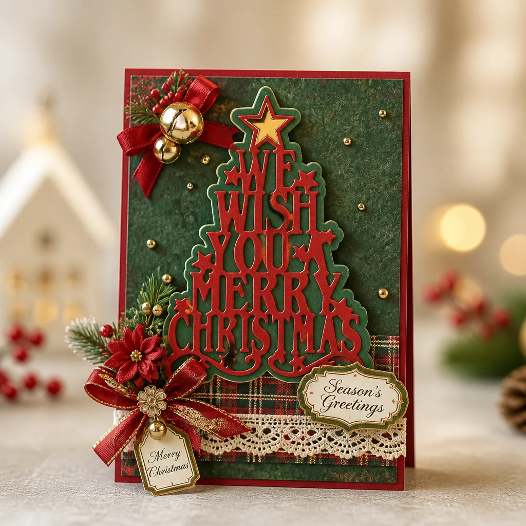 Merry Christmas Tree with Words Metal Cutting Dies Christmas Wish Tree Card Red Green Gold