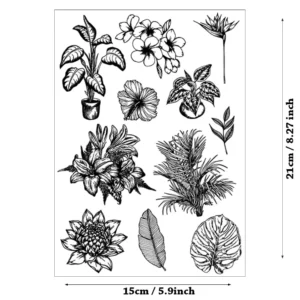Different Tropical Leaves Flowers Stamp Set - detail view | clear stamp
