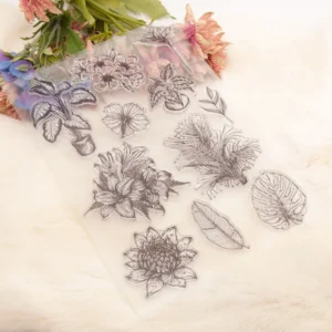 Different Tropical Leaves Flowers Stamp Set - size chart | clear stamp