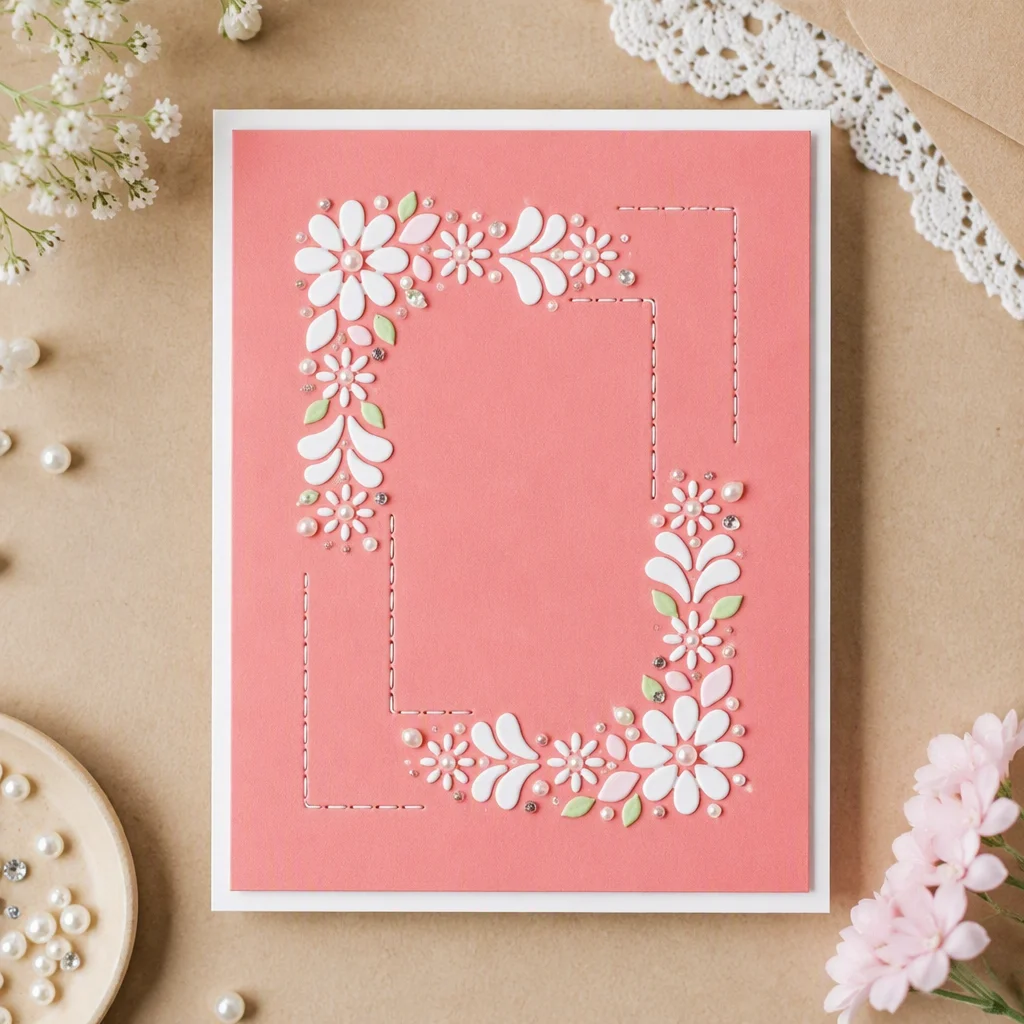 Rectangle Flower Metal Cutting Dies Floral Stitched Frame Card 1