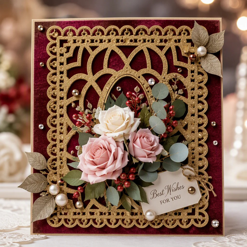 Sumflying Decorative Floral Frame Background Board Cutting Dies Gold Lace Oval Frame Card Burgundy Realistic