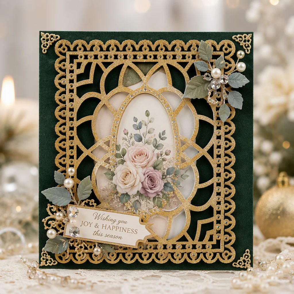 Sumflying Crochet Edge Rectangle Cutting Dies Gold Lace Oval Frame Card Realistic 02