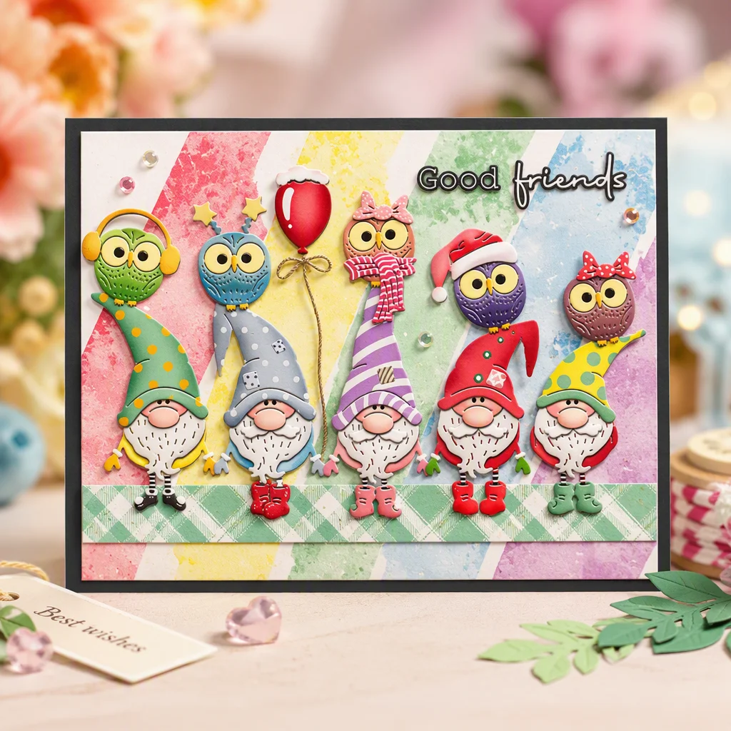 Sumflying Christmas Gnome Set Metal Cutting Dies Good Friends Gnomes Owls Card Realistic 01
