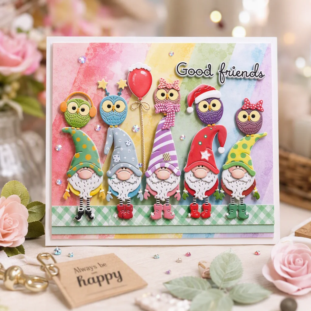 Sumflying Christmas Gnome Set Metal Cutting Dies Good Friends Gnomes Owls Card Realistic 02