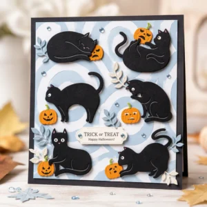 Halloween Black Cats Pumpkins Card Realistic 01