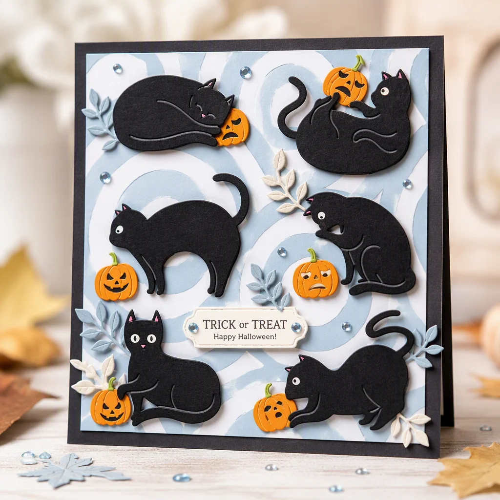 Sumflying Halloween Kitten Metal Cutting Dies Halloween Black Cats Pumpkins Card Realistic 01