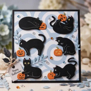 Halloween Black Cats Pumpkins Card Realistic 02