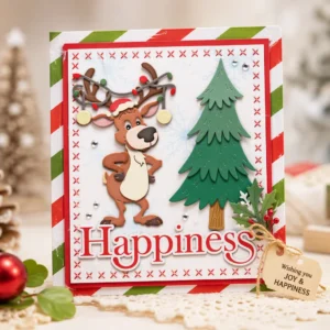 Happiness Reindeer Christmas Tree Card Realistic 01