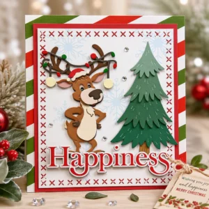 Happiness Reindeer Christmas Tree Card Realistic 02