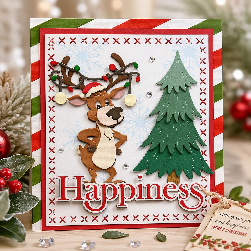 Sumflying Festive Reindeer Metal Cutting Dies Happiness Reindeer Christmas Tree Card Realistic 02