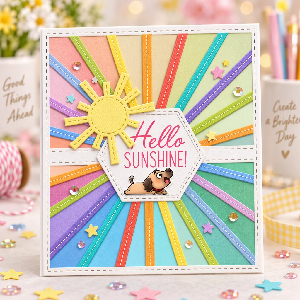 Sumflying Sunburst Hexagon Frame Metal Cutting Dies Hello Sunshine Dog Card Realistic 02