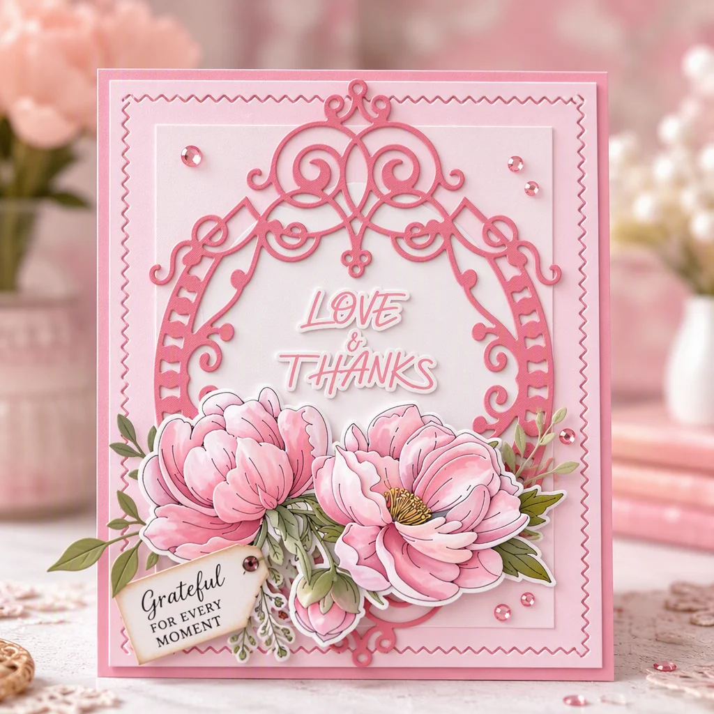 Sumflying Decorative Floral Frame Metal Cutting Dies Love Thanks Pink Peonies Card Realistic 02