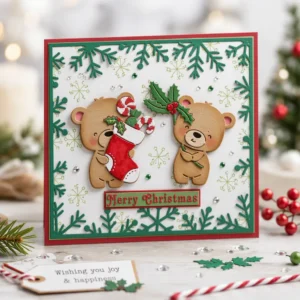 Merry Christmas Bears Stocking Holly Card Realistic 01