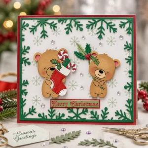 Merry Christmas Bears Stocking Holly Card Realistic 02
