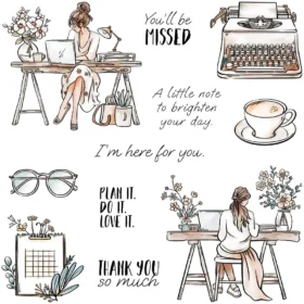 Sumflying Office Girl Desk Laptop Clear Stamps