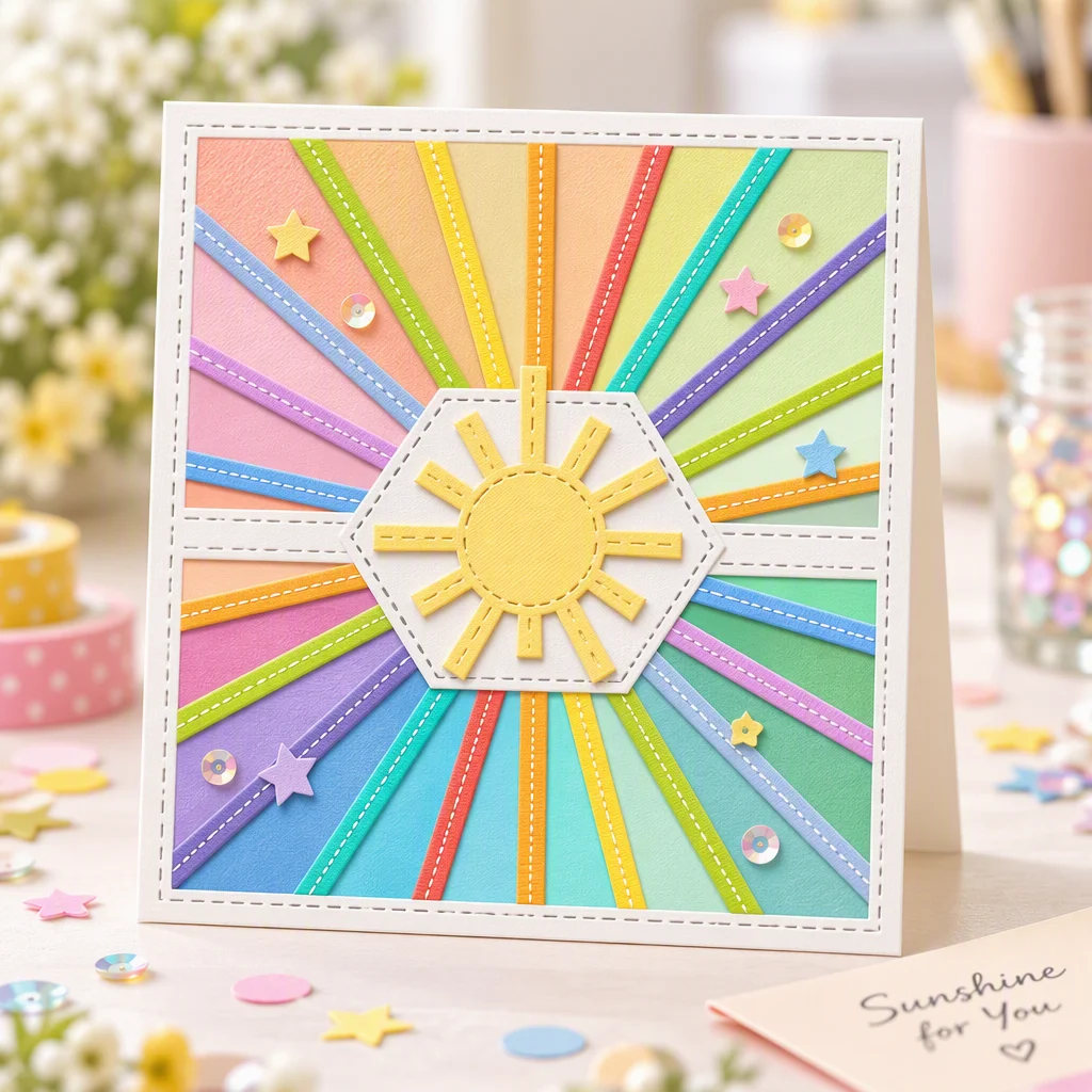 Sumflying Decorative Background Board Metal Cutting Dies Rainbow Sunburst Pastel Rays V3 Card Realistic 02