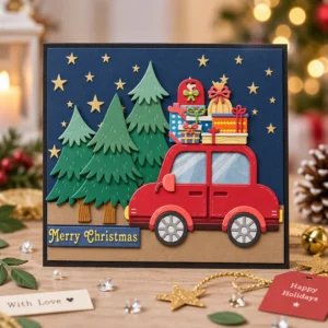 Red Car Gifts Christmas Tree Card Realistic 01
