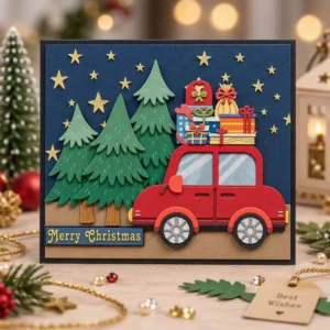 Red Car Gifts Christmas Tree Card Realistic 02