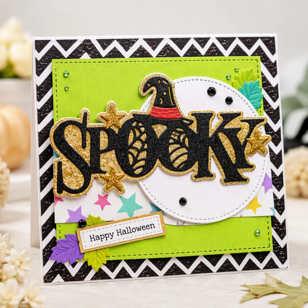 Sumflying "Spooky" Words Metal Cutting Dies Spooky Halloween Witch Hat Card Realistic 01