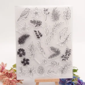 Spring Pinecone Flower Leaves Stamp Set - detail view | clear stamp