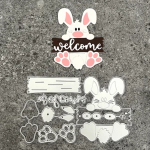 Size chart for Peeking Bunny Welcome Sign Die Cuts Set - dimensions in cm