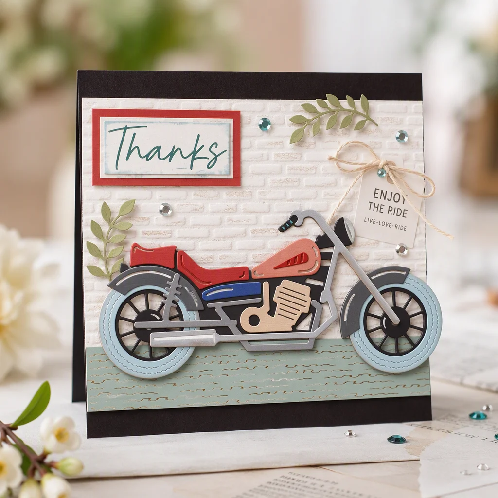 Sumflying Motorcycle Metal Cutting Dies Thanks Motorcycle Card Realistic 01