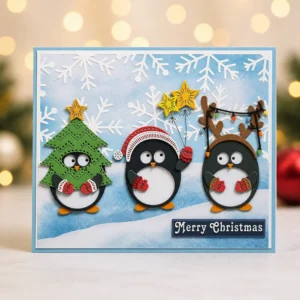 Three Penguins Christmas Card Realistic 01