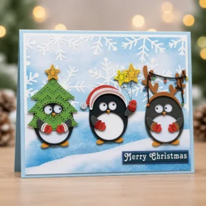 Three Penguins Christmas Card Realistic 02