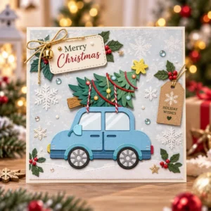 Vintage Car Christmas Tree Card Realistic 01