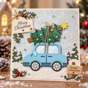 Vintage Car Christmas Tree Card Realistic 02